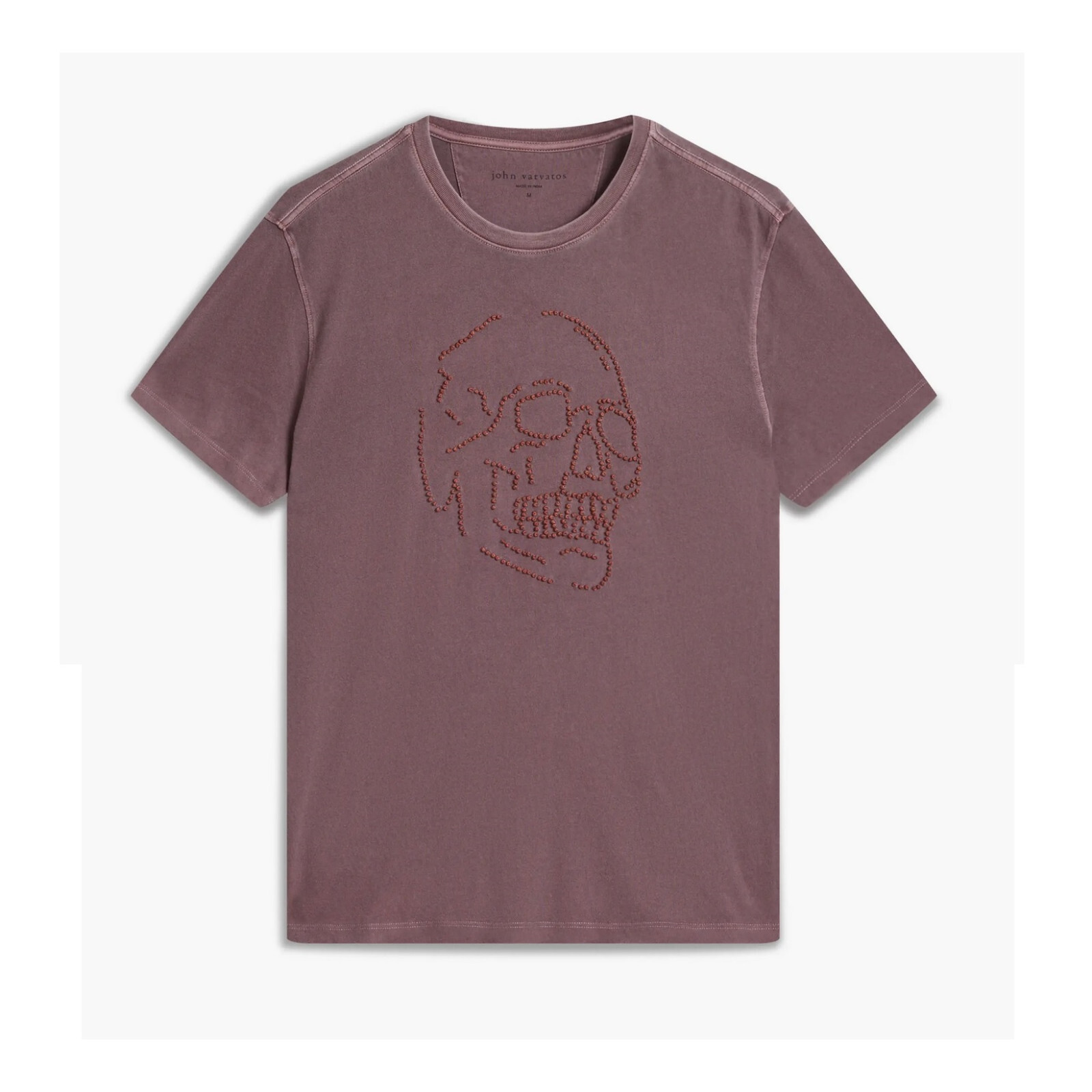 John Varvatos Men’s Large Skull Embroidered Beaded Knots Crew T-Shirt Mauvewood