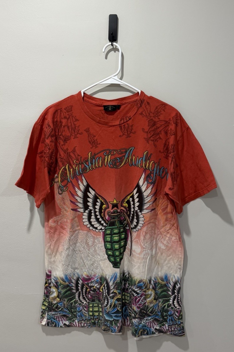 Vintage Christian Audigier AOP Rhinestone Grenade Wings T Shirt Mens Large