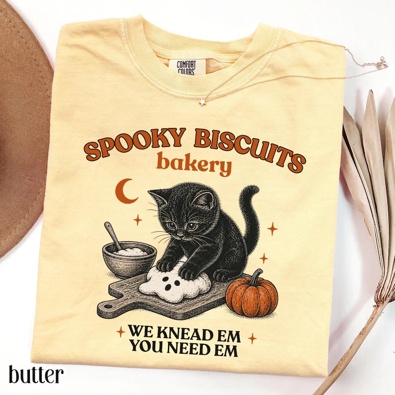NEW! Kitty Biscuits Shirt Spooky Tee Black Cat Halloween Fall TShirt Vinta,ge