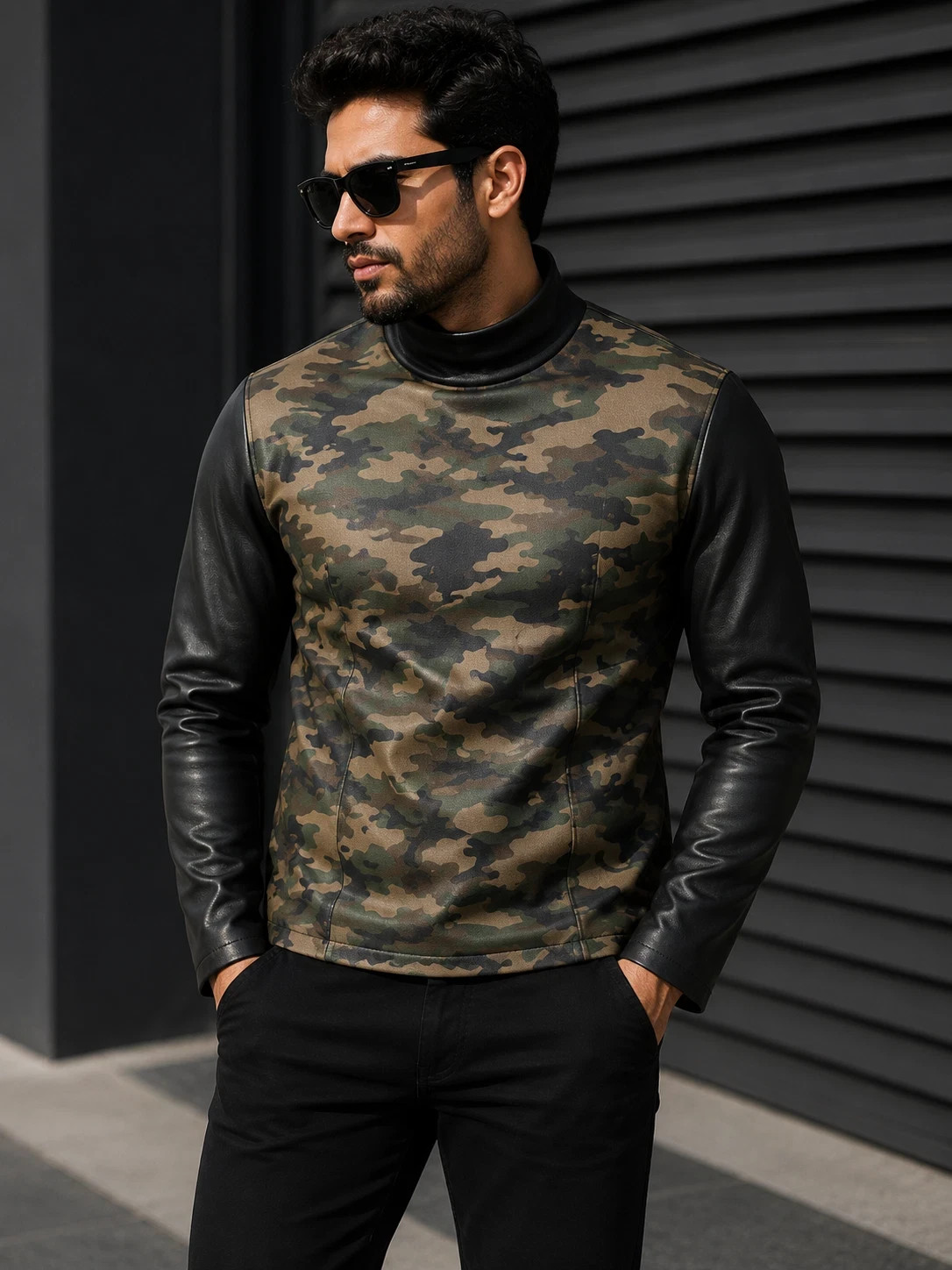 Men’s Genuine Lambskin Leather Camo Hi-Neck Pullover Shirt Black Sleeves Top