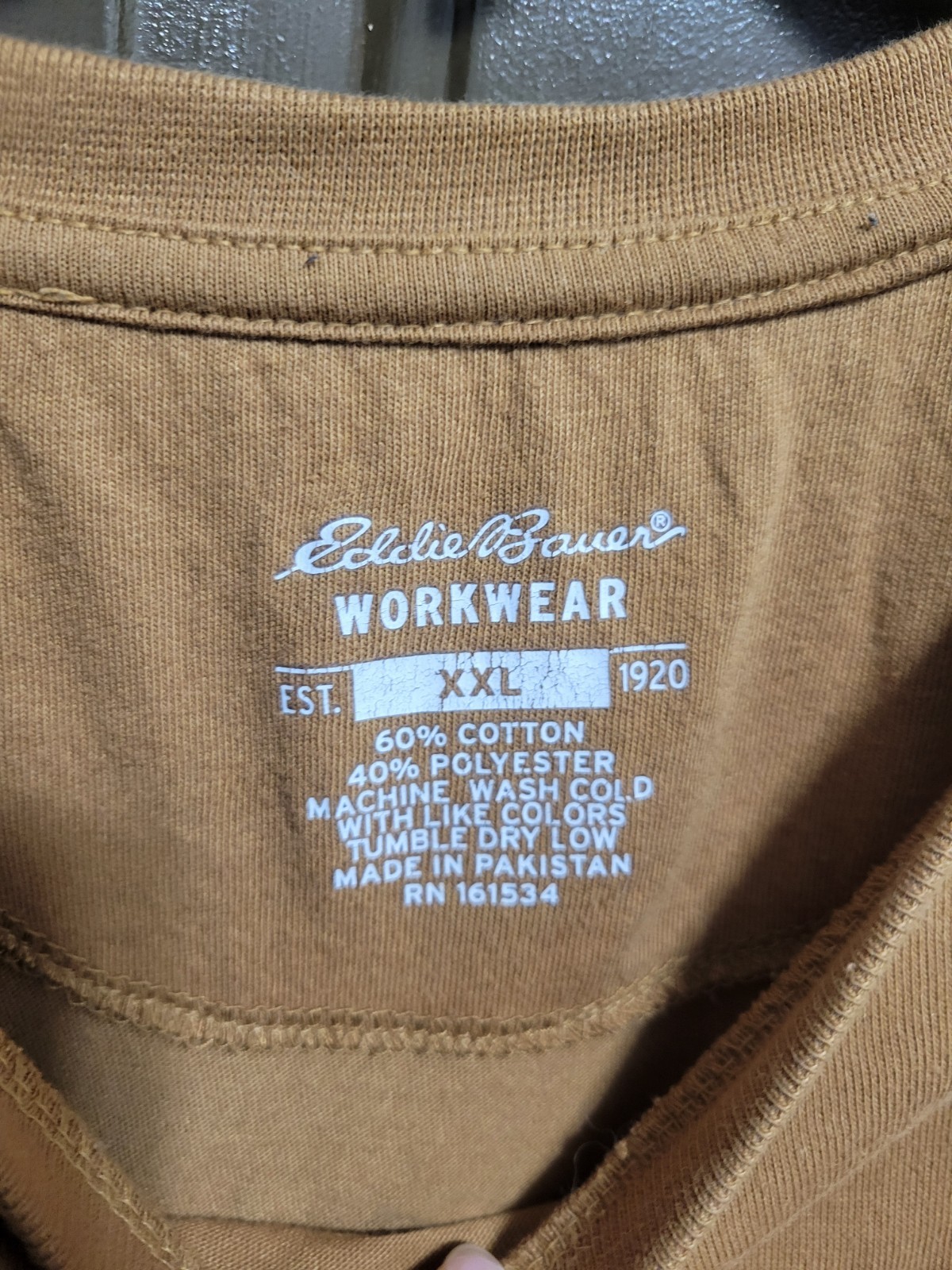 Eddie Bauer Workwear Pocket T-Shirt Mens XXL Tan Graphic 1920 Back Logo Workwear