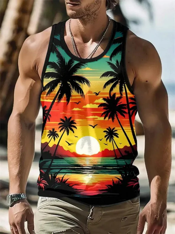 Summer Tank Top Men’s Hawaii Beach Casual Clothing Quick Drying Silk Fit
