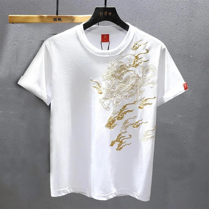 Men’s Luxury Golden Dragon Embroidery T-Shirt Casual Fashion Slim Fit Tee Top