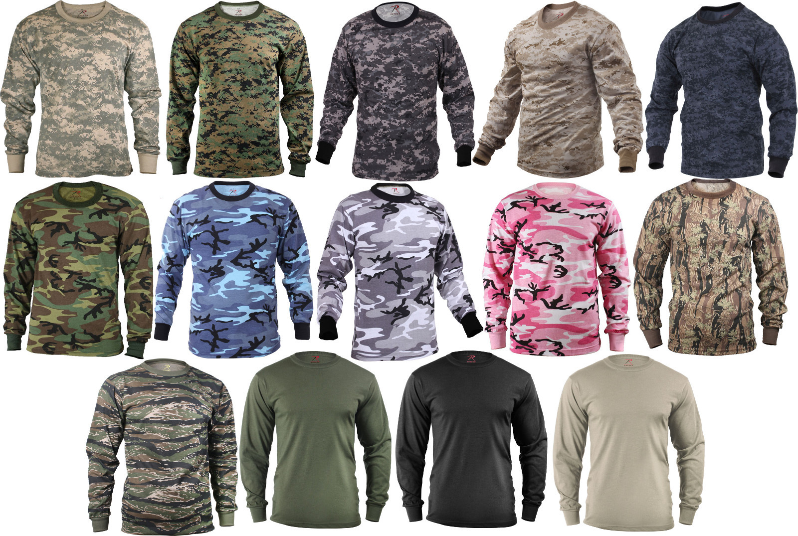 Camo Long Sleeve T-Shirt Tactical Military Crew Tee Undershirt Army Camouflage