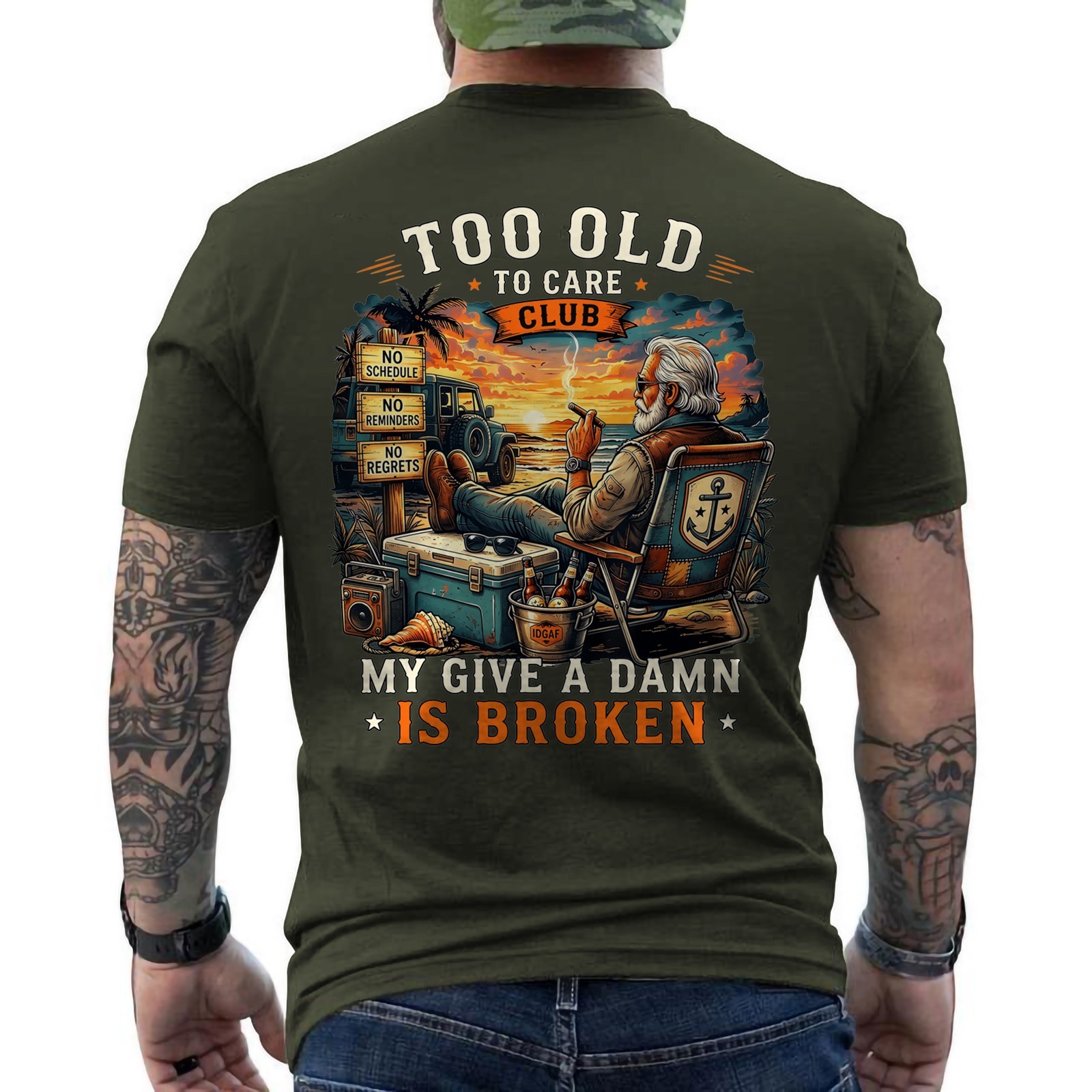 Too Old to Care Club Don’t Care My Give A Damn is Broken Retro ON BACK T-Shirt