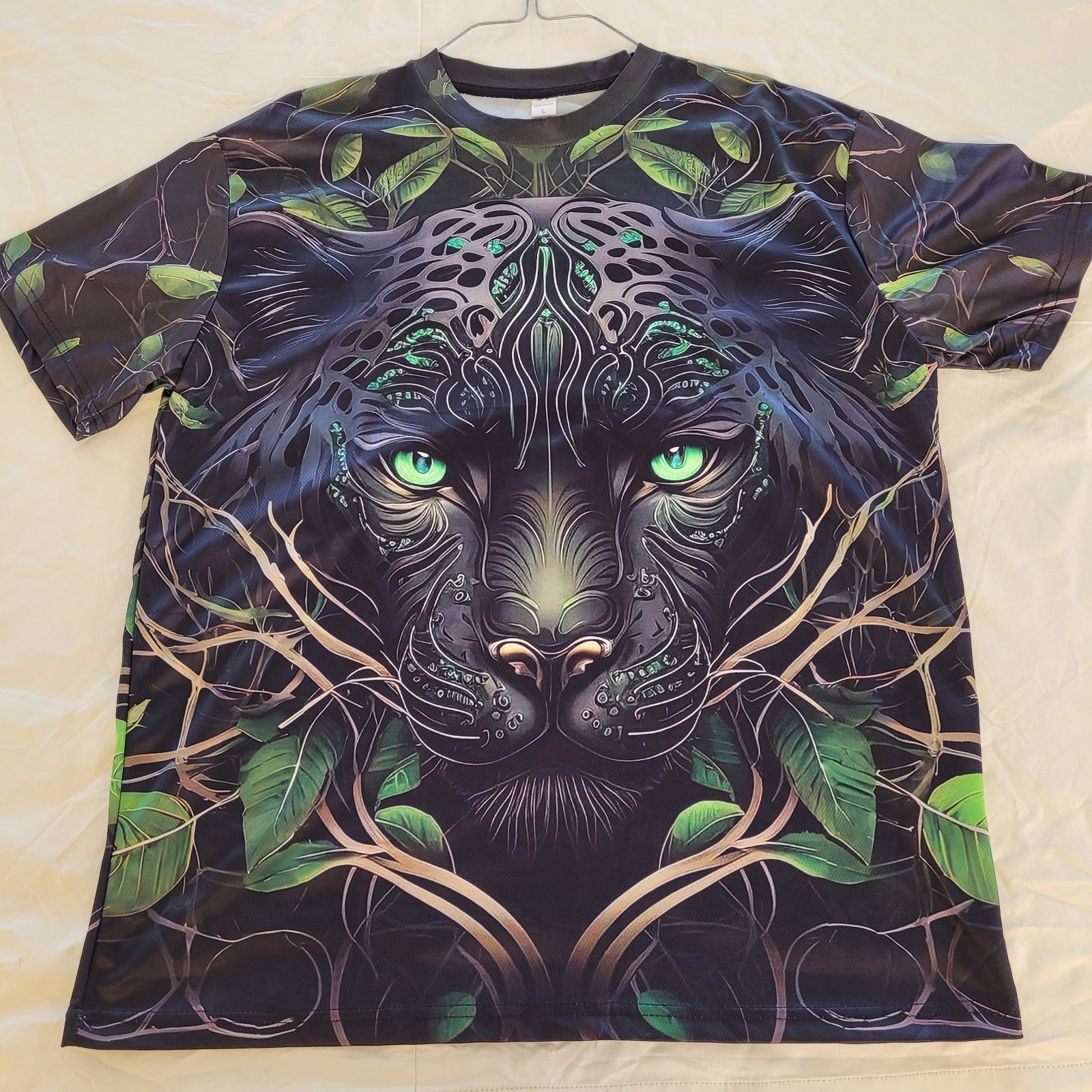 Panther, Black& Gold W/ Green Foliage Size lg. T Shirt S/S. Print Front And Back