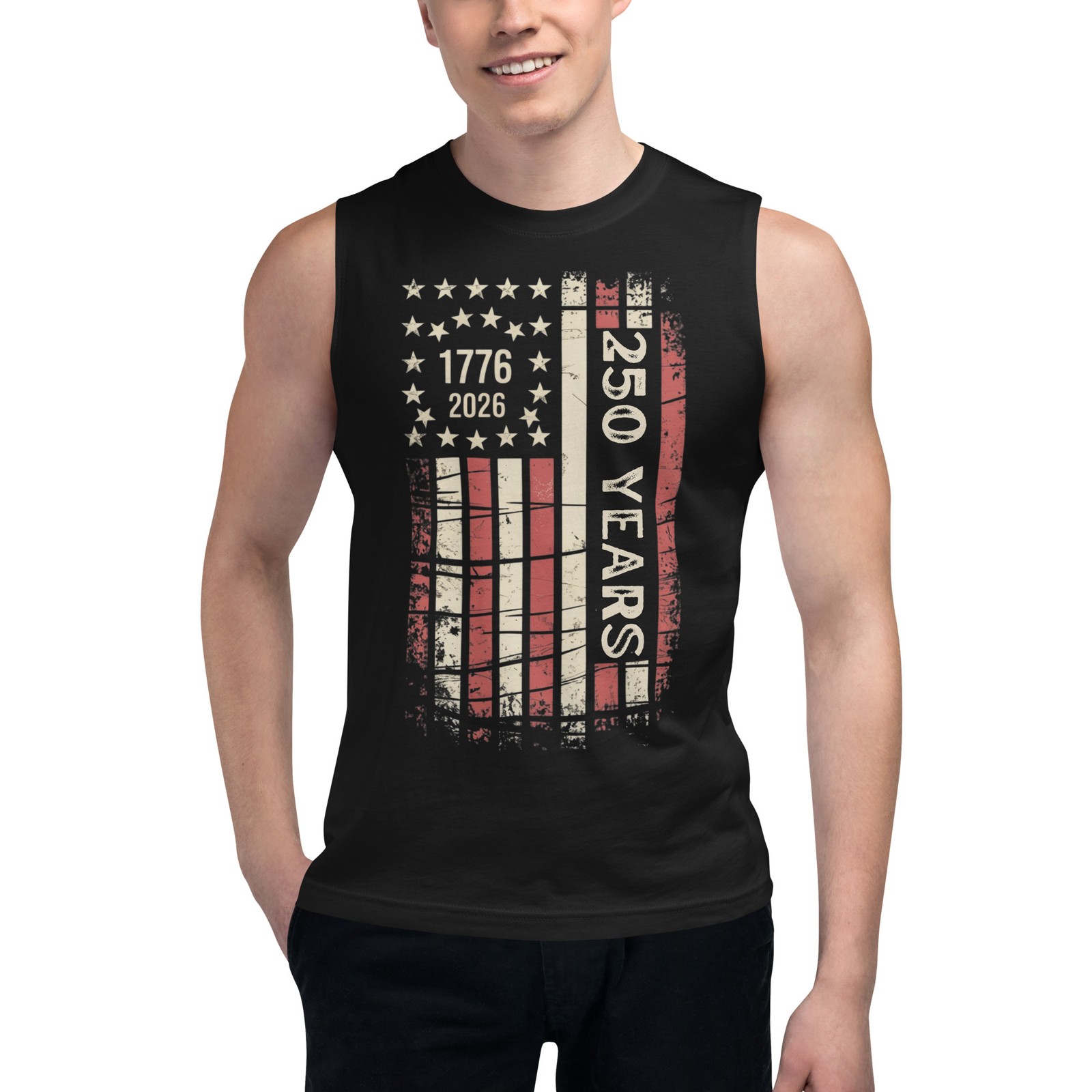 America’s 250th Birthday Distressed Flag Design Unisex Muscle Shirt