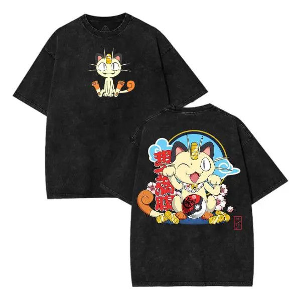 Meowth Maneki Neko PKM Japanese Lucky Cat Vintage Anime Double Print Cotton Tee