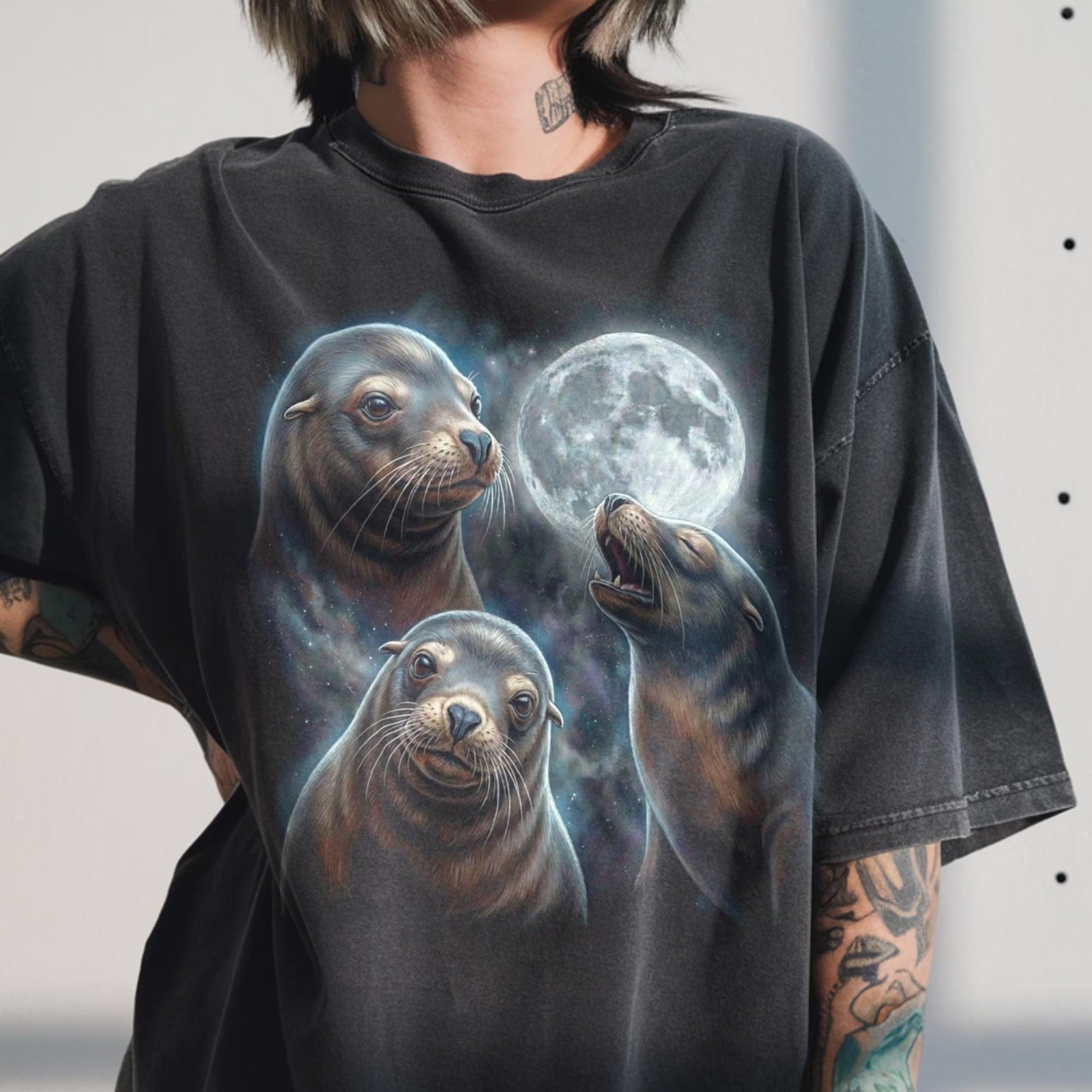Three Sea Lion Moon Shirt, Seal Lover Gift, Vintage Sea Puppy Meme T-Shirt
