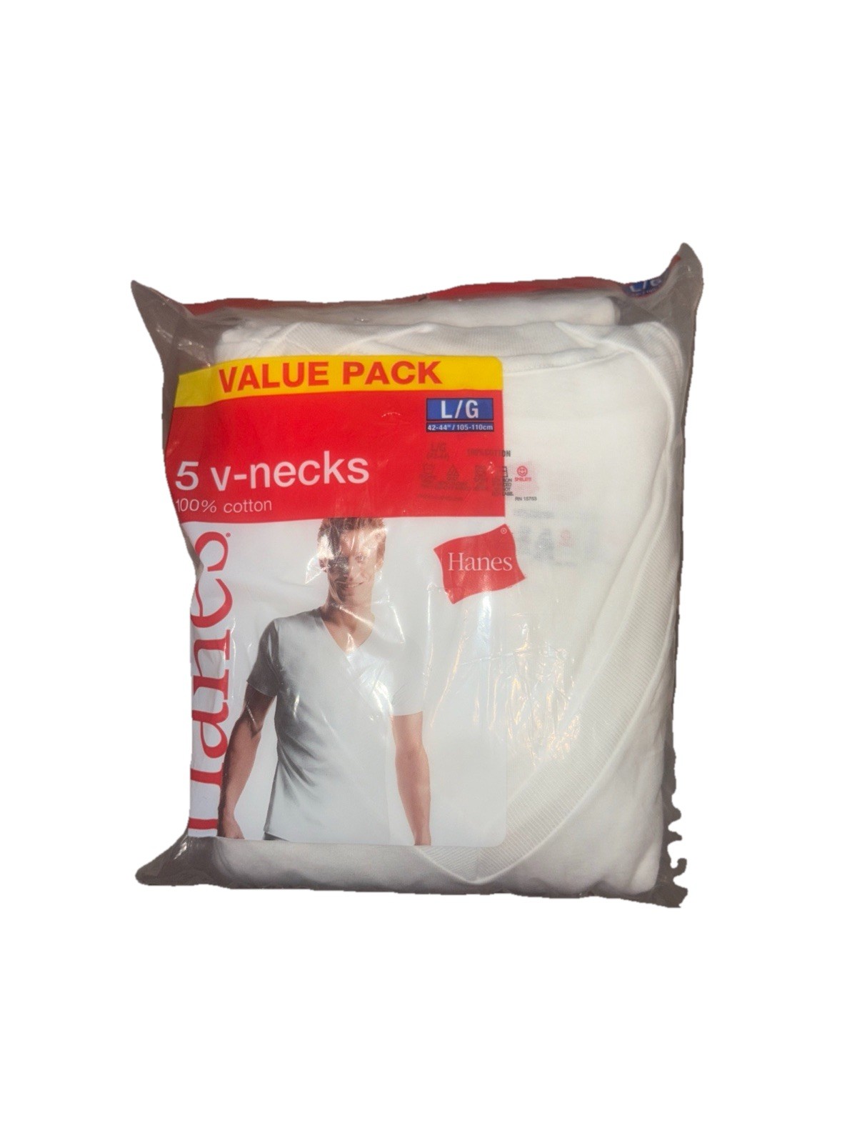 5 Hanes Tagless V-Neck T-Shirts Size Large, White Comfort Soft New