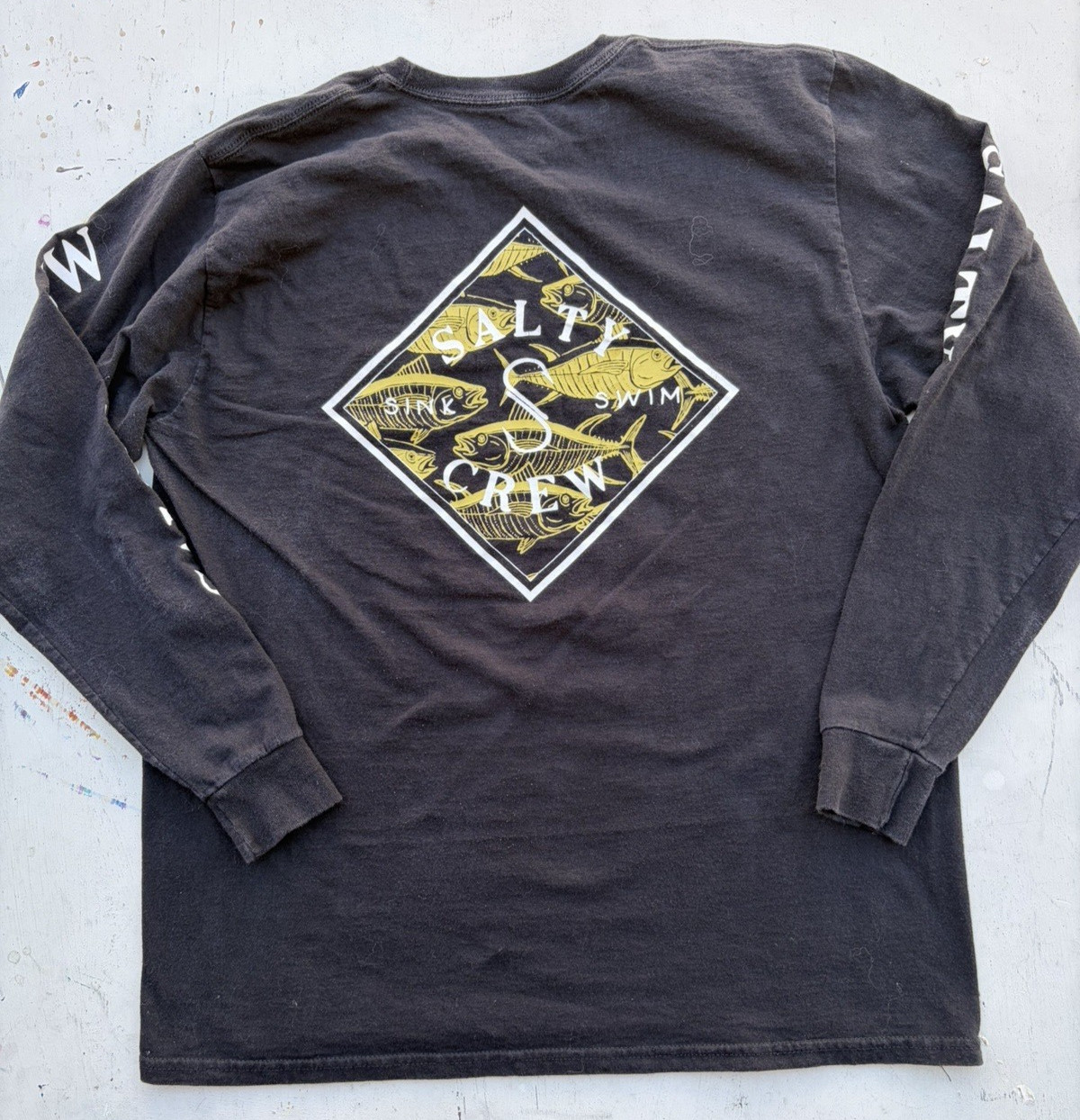 Men’s Salty Crew T-Shirt Black Logo L Fish Ocean Decks Adventure Sea Long Sleeve