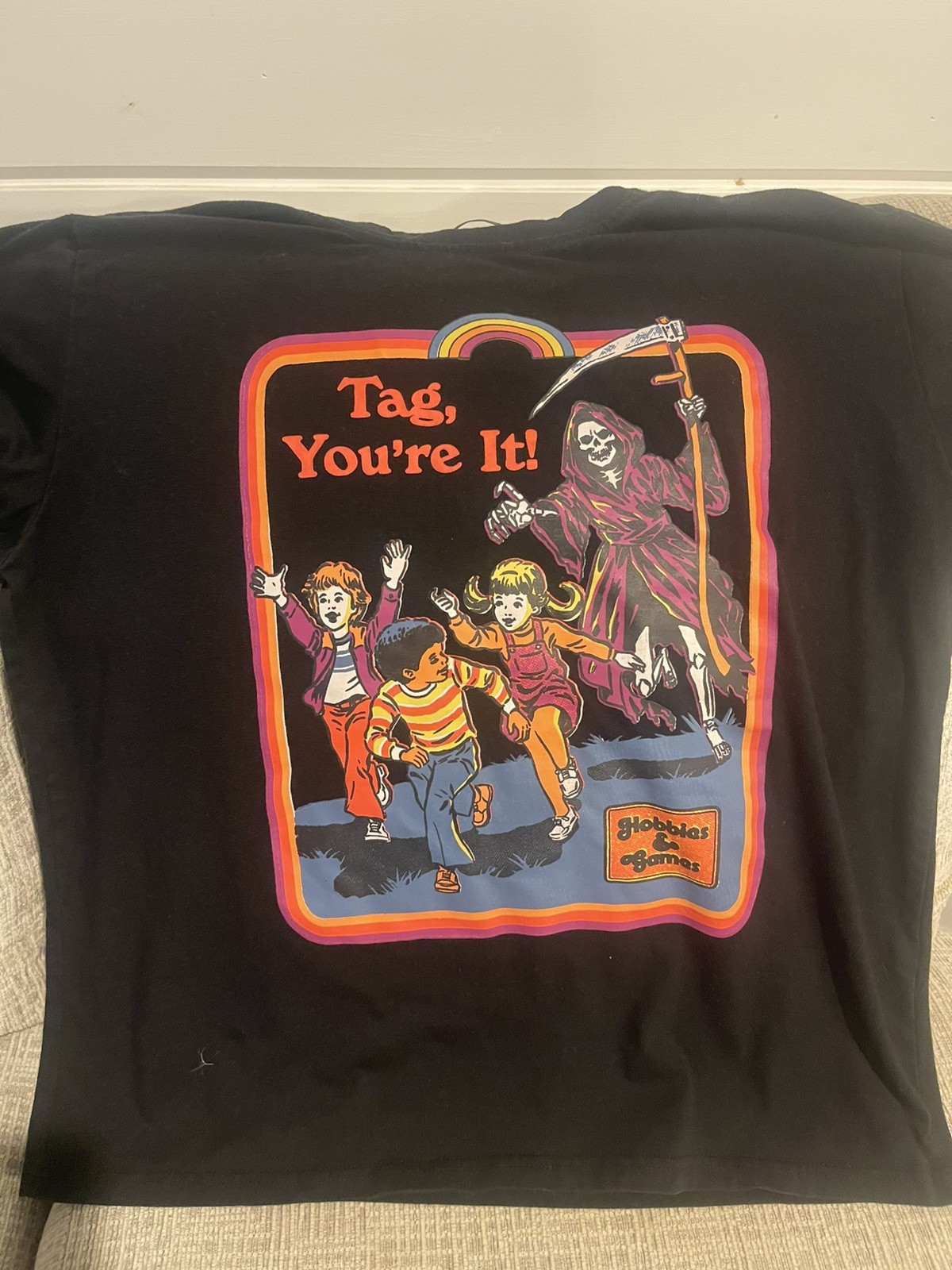 ROMWE “Tag, You’re It!” Grim Reaper Graphic T-Shirt Men’s Md Black Horror Tee