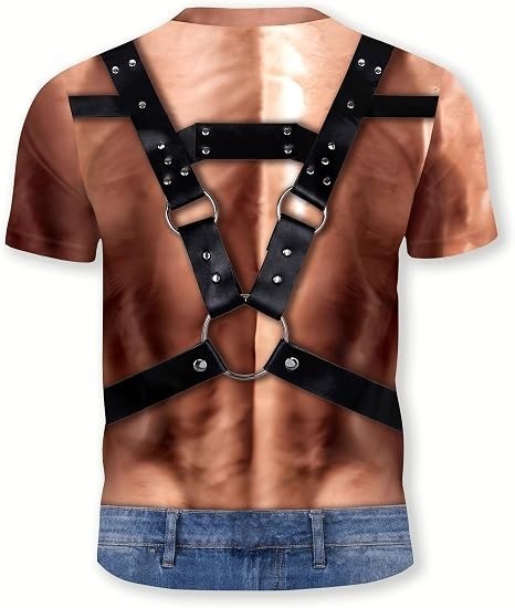 Funny 3D Leather Harness T Shirt Men Fake Six Pack Abs Muscle Body Rave Gag Gift