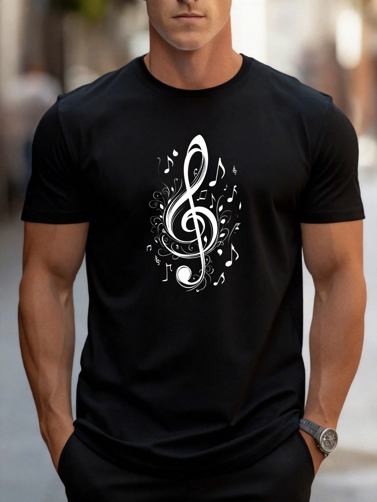 Plus Size, Plus Size Men’S T-Shirt, Casual Short Sleeve, Musical Note Pattern