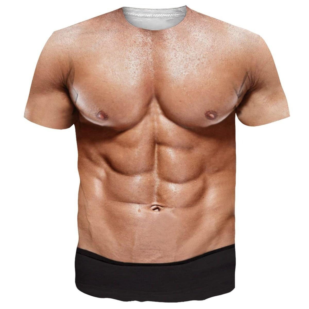 Realistic 3D Muscle Abs Chest Illusion Novelty Graphic T-Shirt