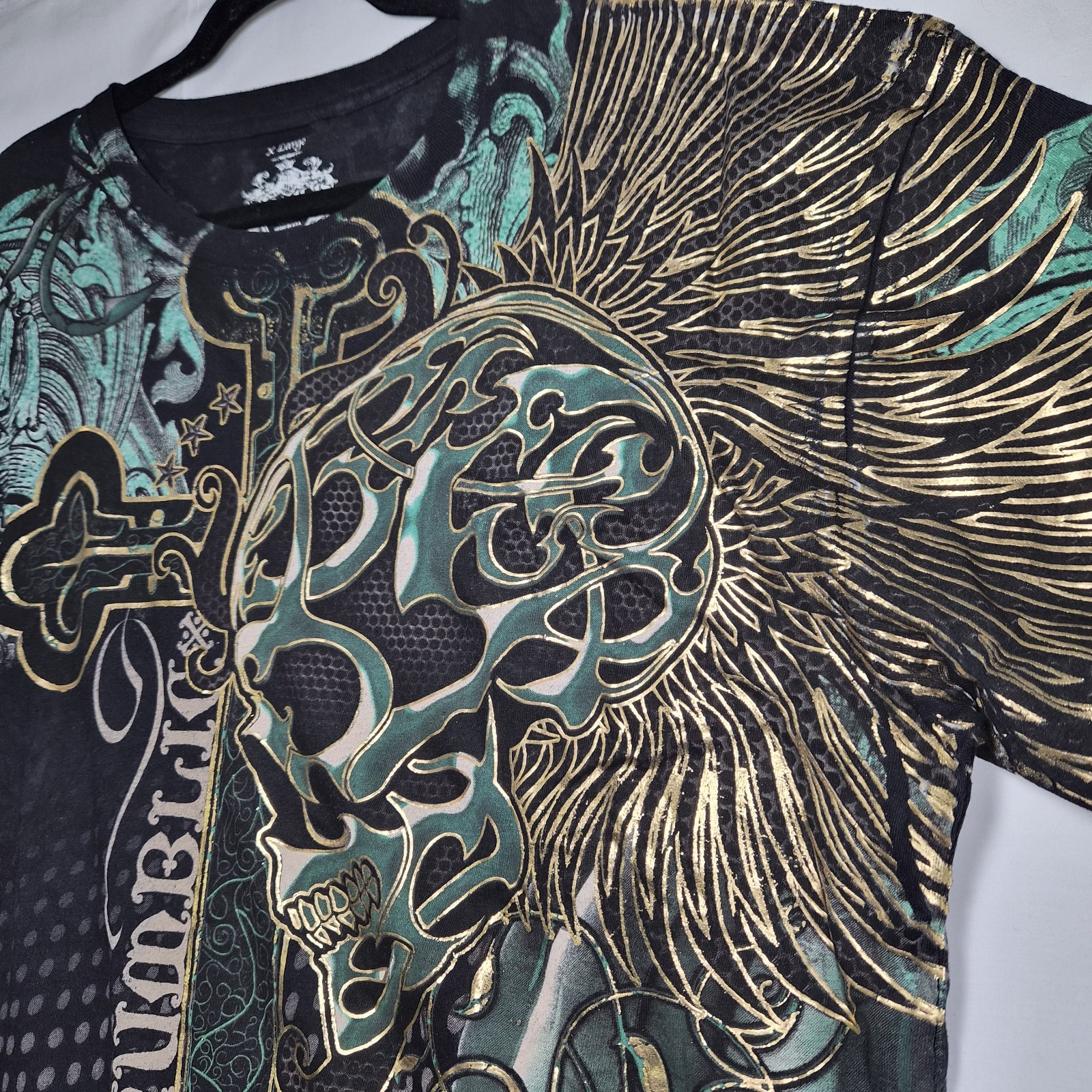 Last Hold Skull Cross Graphic T-Shirt Mens XL Black Green Gold Foil Gothic…