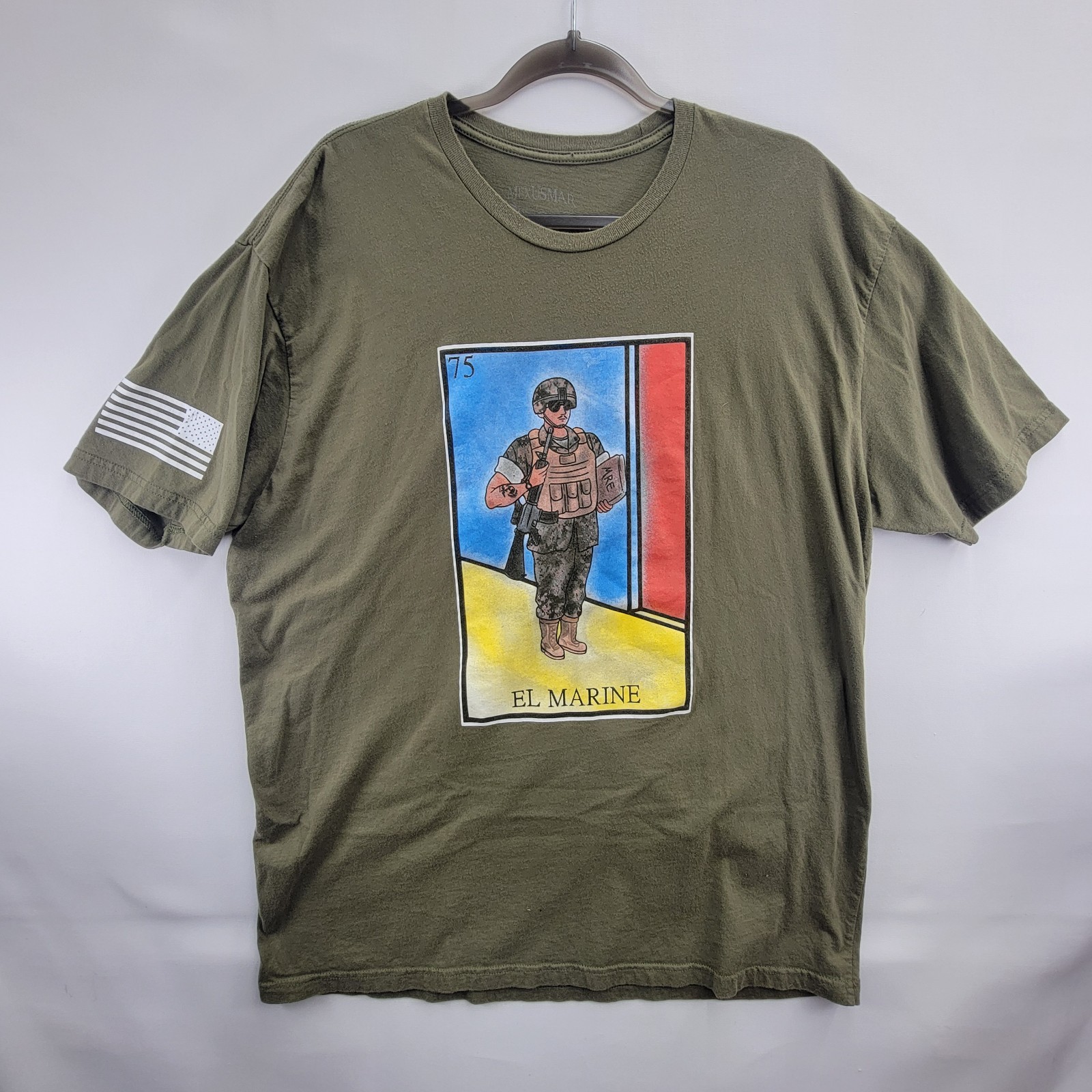 MEXUSMAR El Marine Loteria Graphic T-Shirt Olive Drab US Flag 2XL (Pre-Owned)