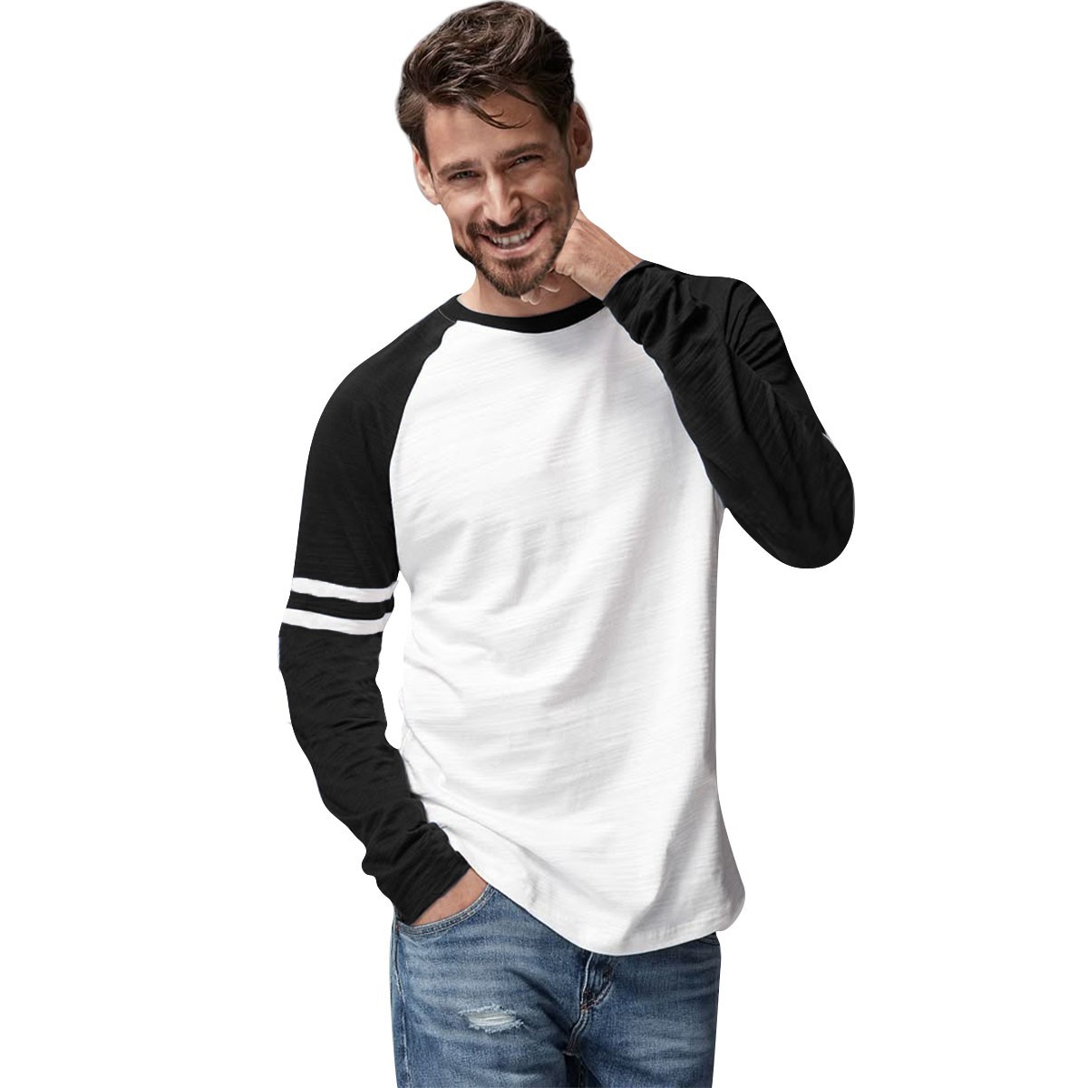 Mens Triblend Long Sleeve Baseball T-Shirt Casual Raglan Plain Contrast L/S Top