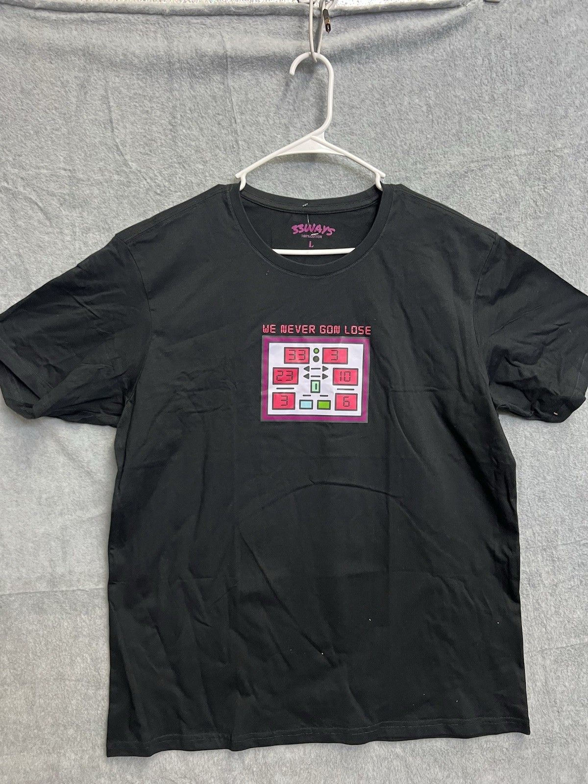 33Ways Mens We Never Gon Lose Graphic T-Shirt Black Large Cotton Short Sleeve