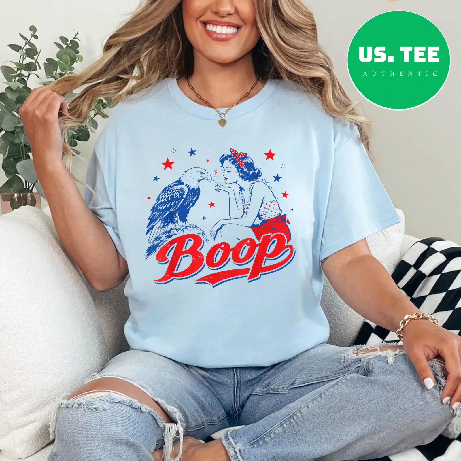 Funny Hand Boop Nose Girl Eagle Funny Patriotic 4th of July T-Shirt