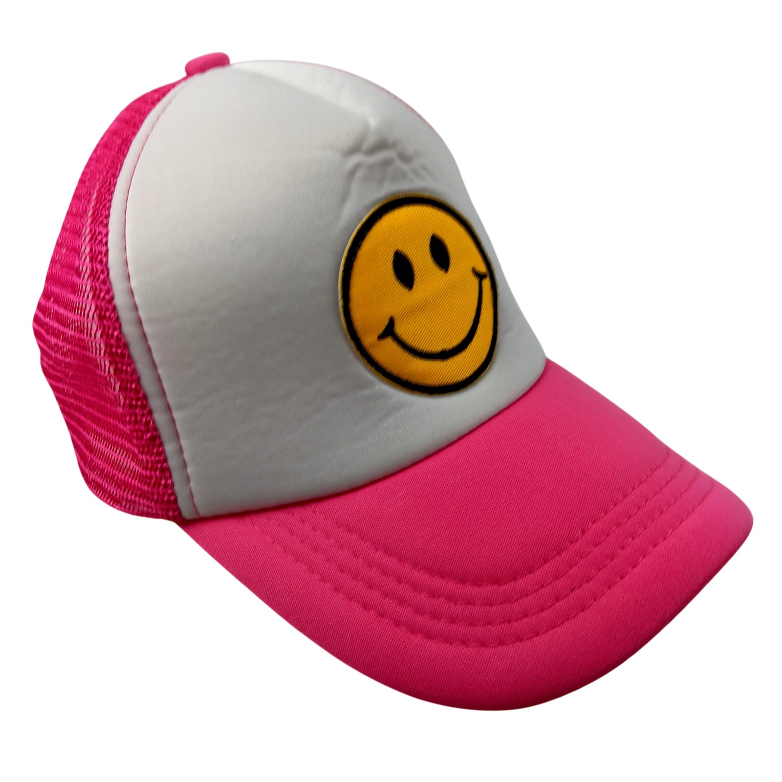 Smiley Face Hat Cap Snap Back Pink White Mesh Trucker Embroidered Patch Mens Fun