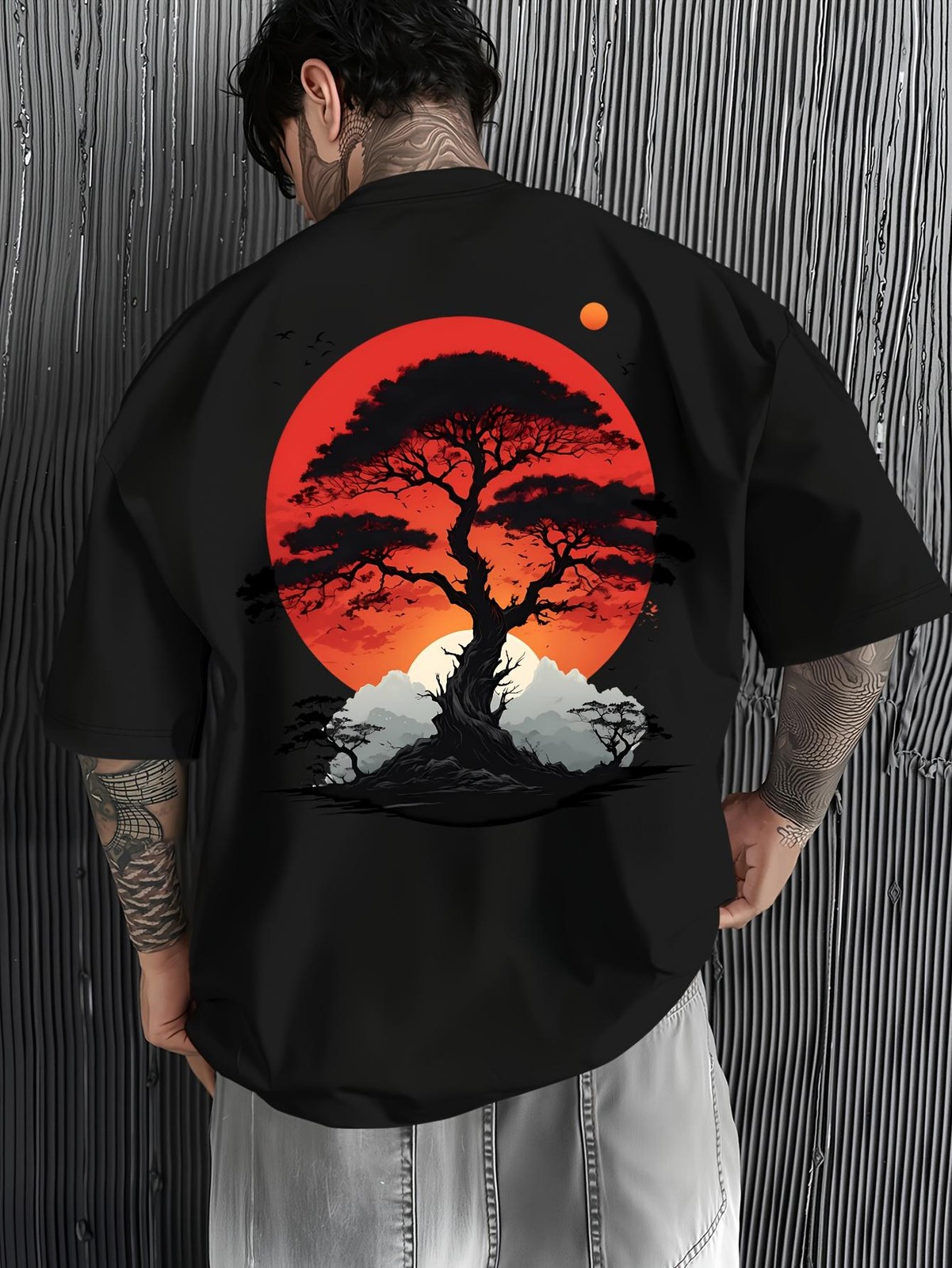 Japanese Landscape Art T Shirt Red Sun Pine Mountain Retro Graphic Casual Tee
