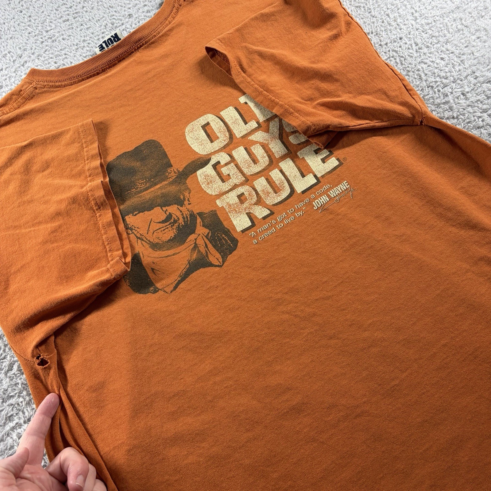 VINTAGE Old Guys Rule Shirt Mens XL Orange Double Sided John Wayne