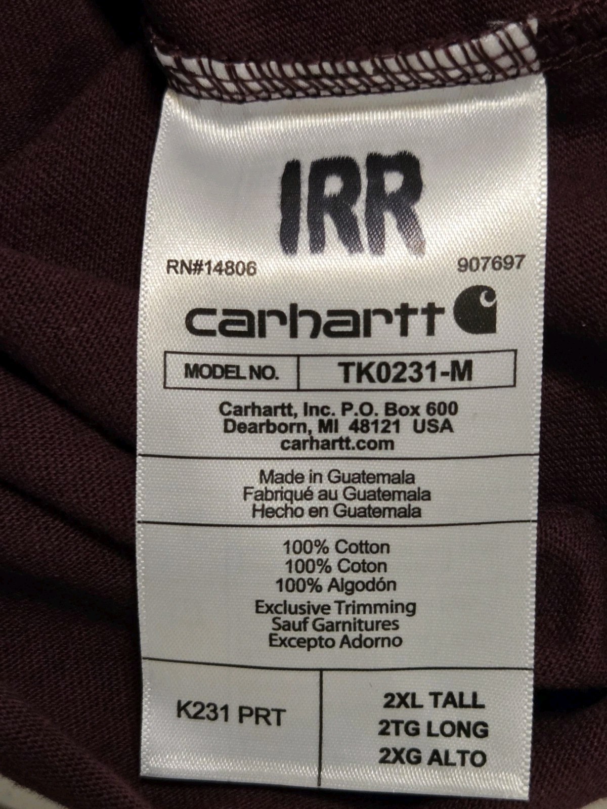 NWT MEN’S 2XL LOOSE FIT Long Sleeve CARHARTT HEAVYWEIGHT T-SHIRT TK0231-M IRR