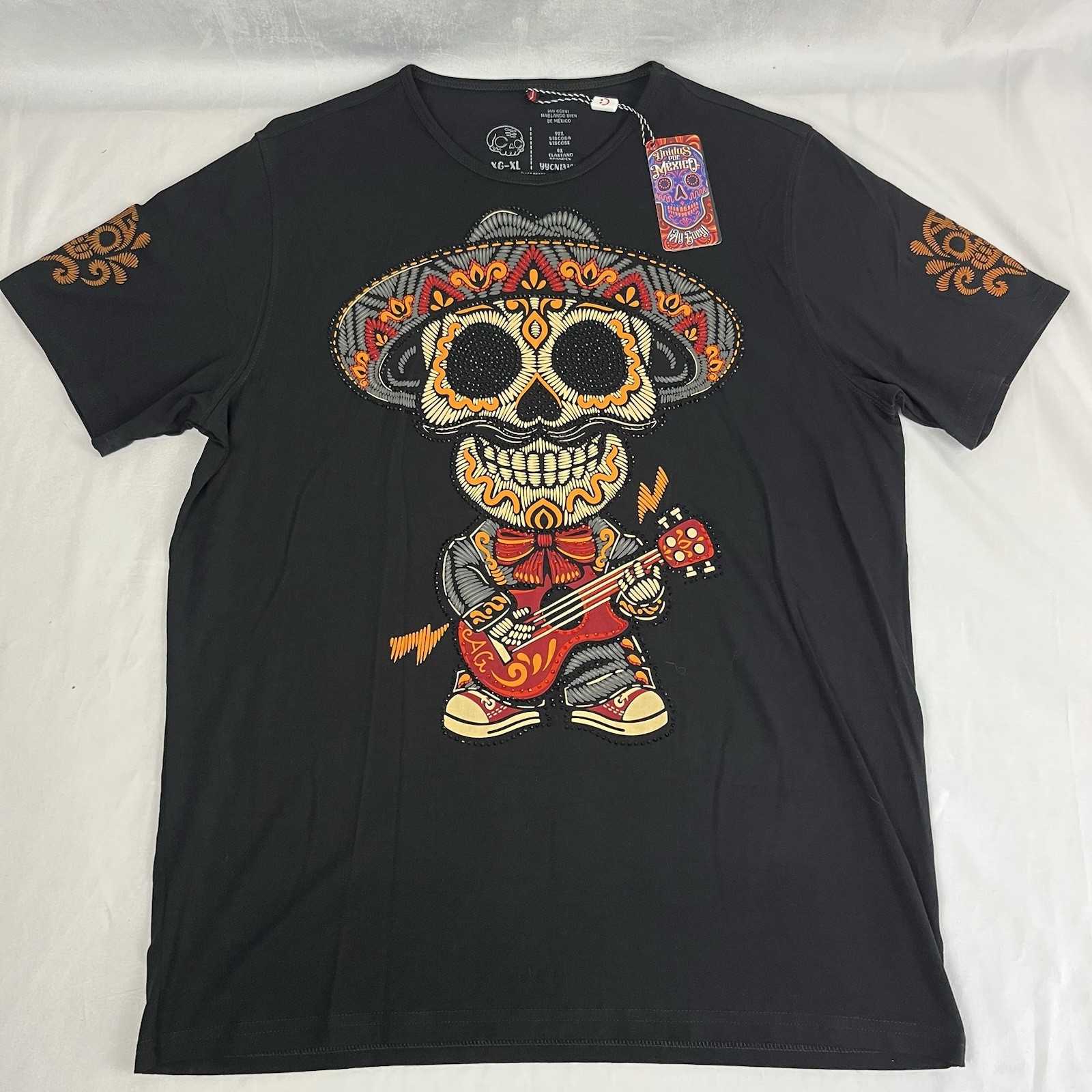 AY GUEY “Chapatin” Men’s Beaded Short Sleeve Tee Mexican Skull Mariachi Black XL