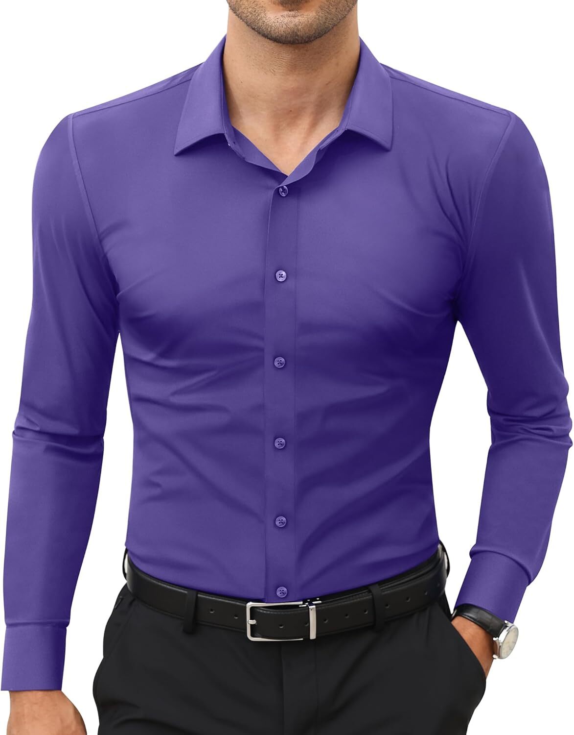 Stretch Slim Fit Wrinkle Free Long Sleeve Dress Shirt for Men Button Down