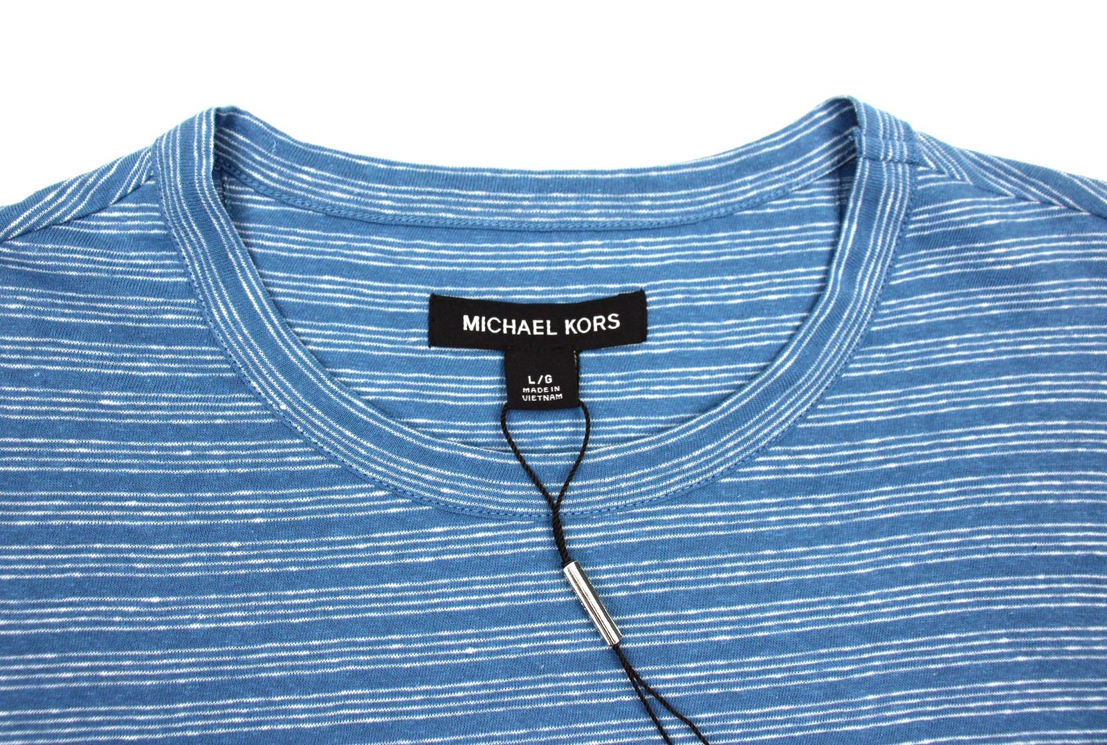 Michael Kors Shirt Mens Large Steel Blue Striped Linen Cotton Crew Neck Tee NWT