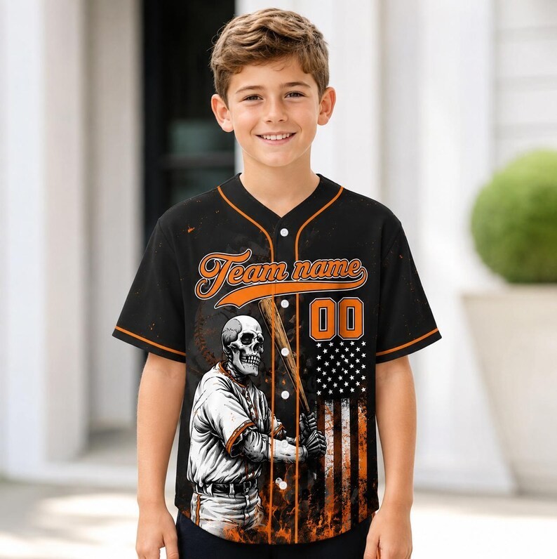 Custom Skull Baseball Player Fire Flag Jersey Personalized Name Number