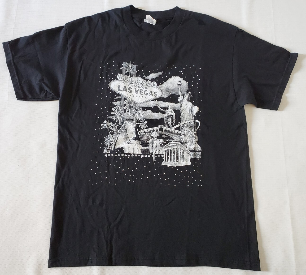 Las Vegas Black Shirt Size L Embellished Short Sleeve 100% Cotton