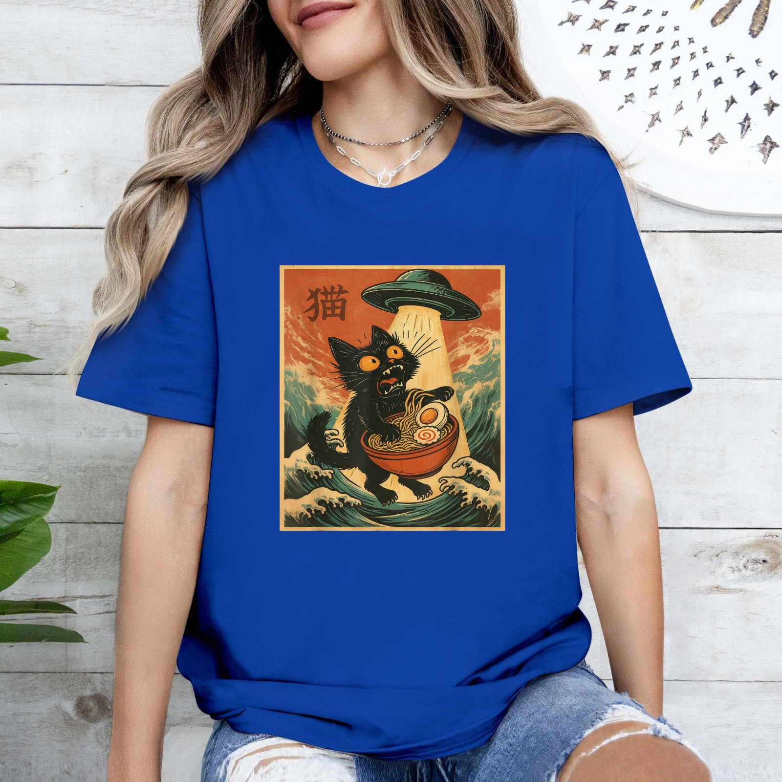 Cat Ramen UFO Funny Japanese Anime Tee Men Women Teens T-Shirt