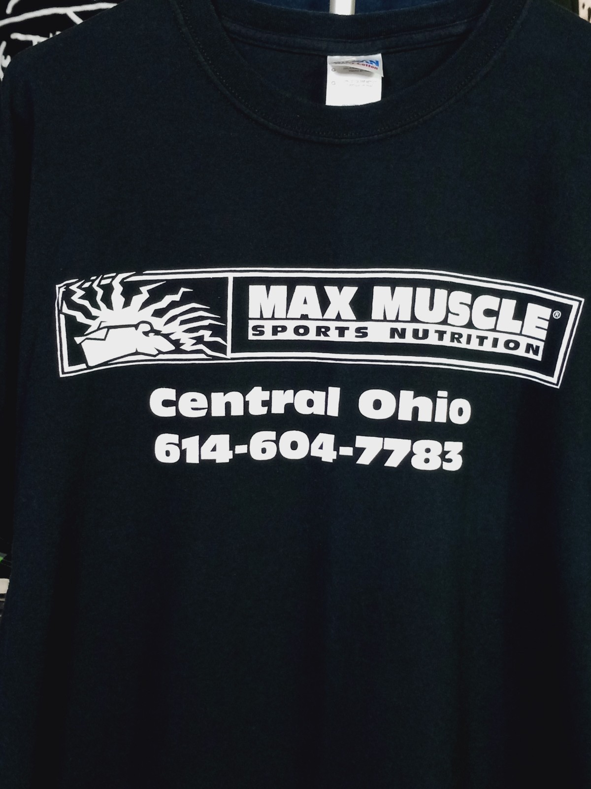 Vintage Max Muscle T-Shirt Mens Large Bodybuilding Gym Supplement Double-Sided