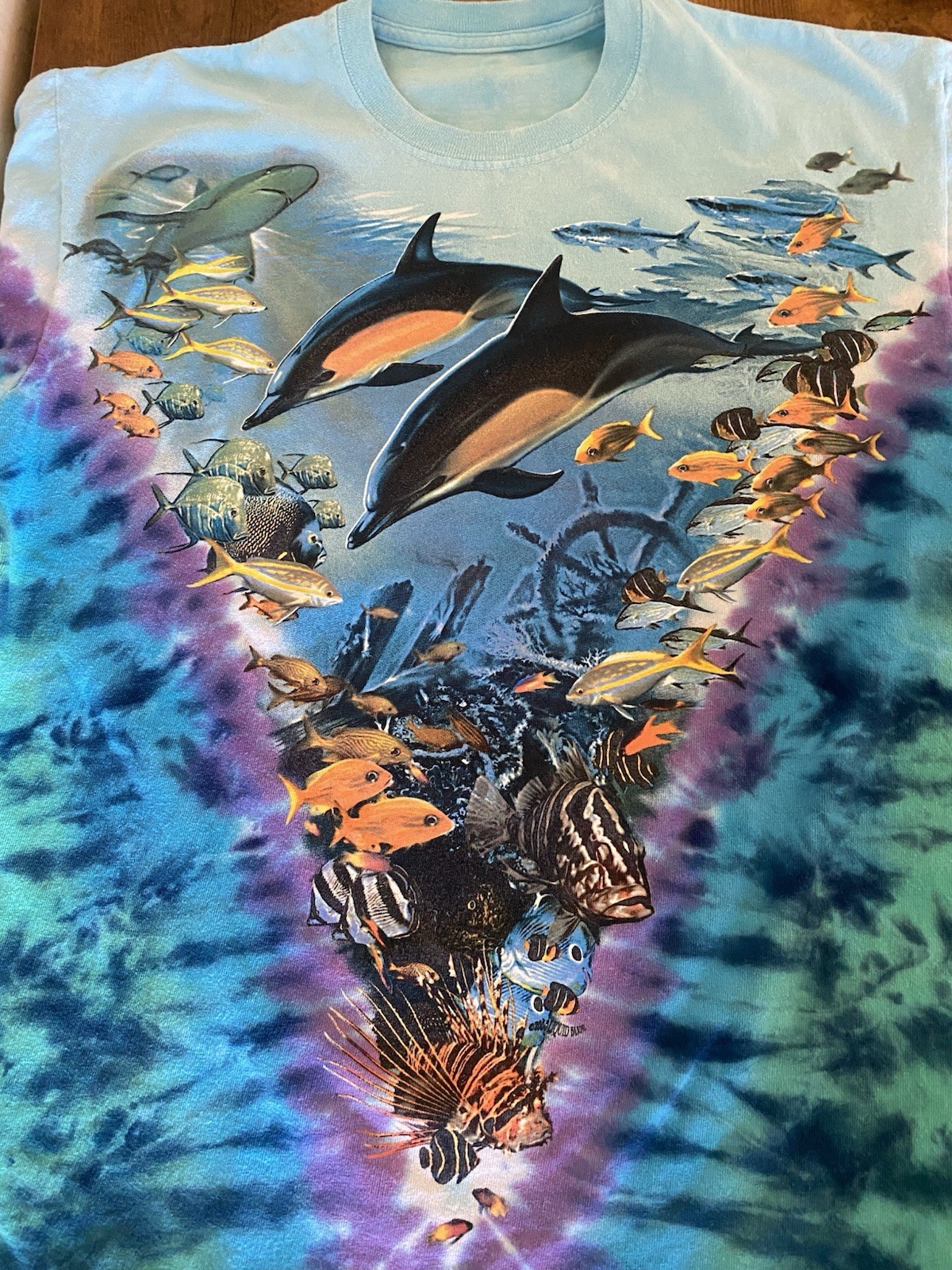 Vintage 90s Y2K Liquid Blue Aquatic Oceanlife Tie Dye Shirt Medium Fish Animals