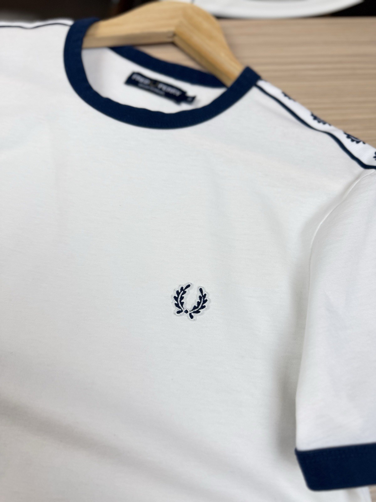 Fred Perry Taped Ringer Shirt Mens Size S White Laurel Wreath Sleeve M6347