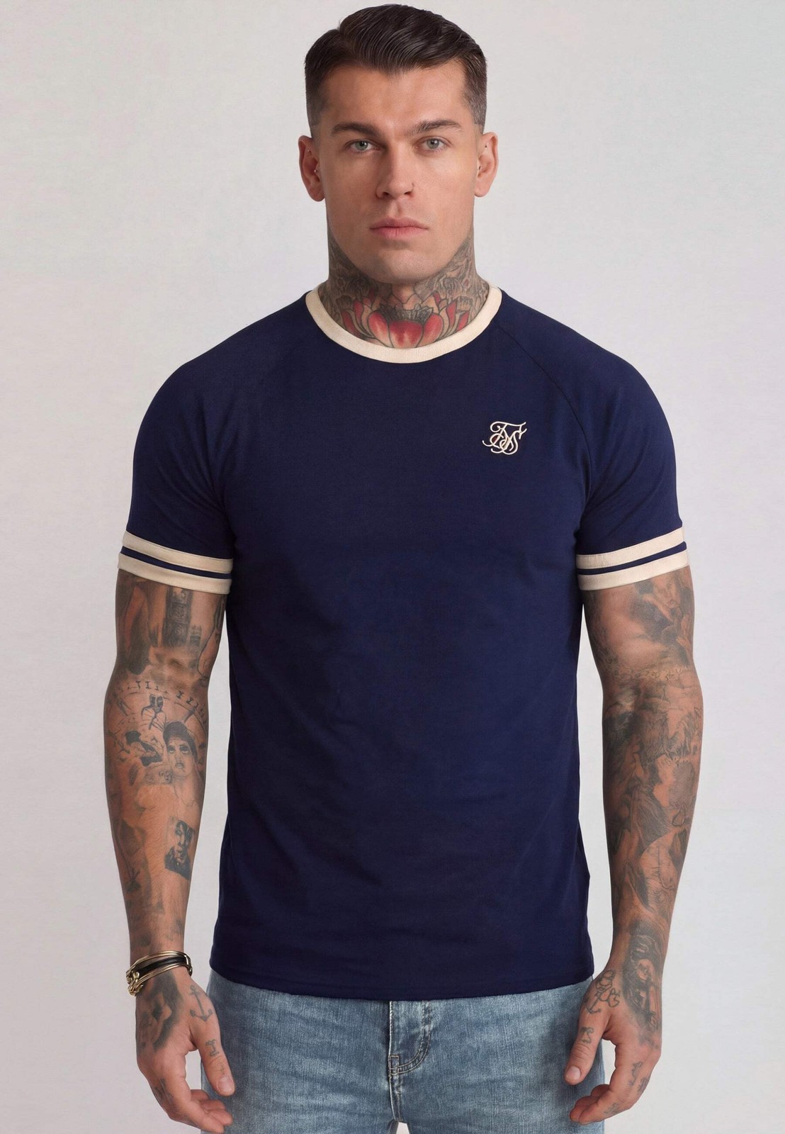 SikSilk Men’s Short Sleeved Crew Neck Muscle Fit Tournament T-Shirt Tee Navy and