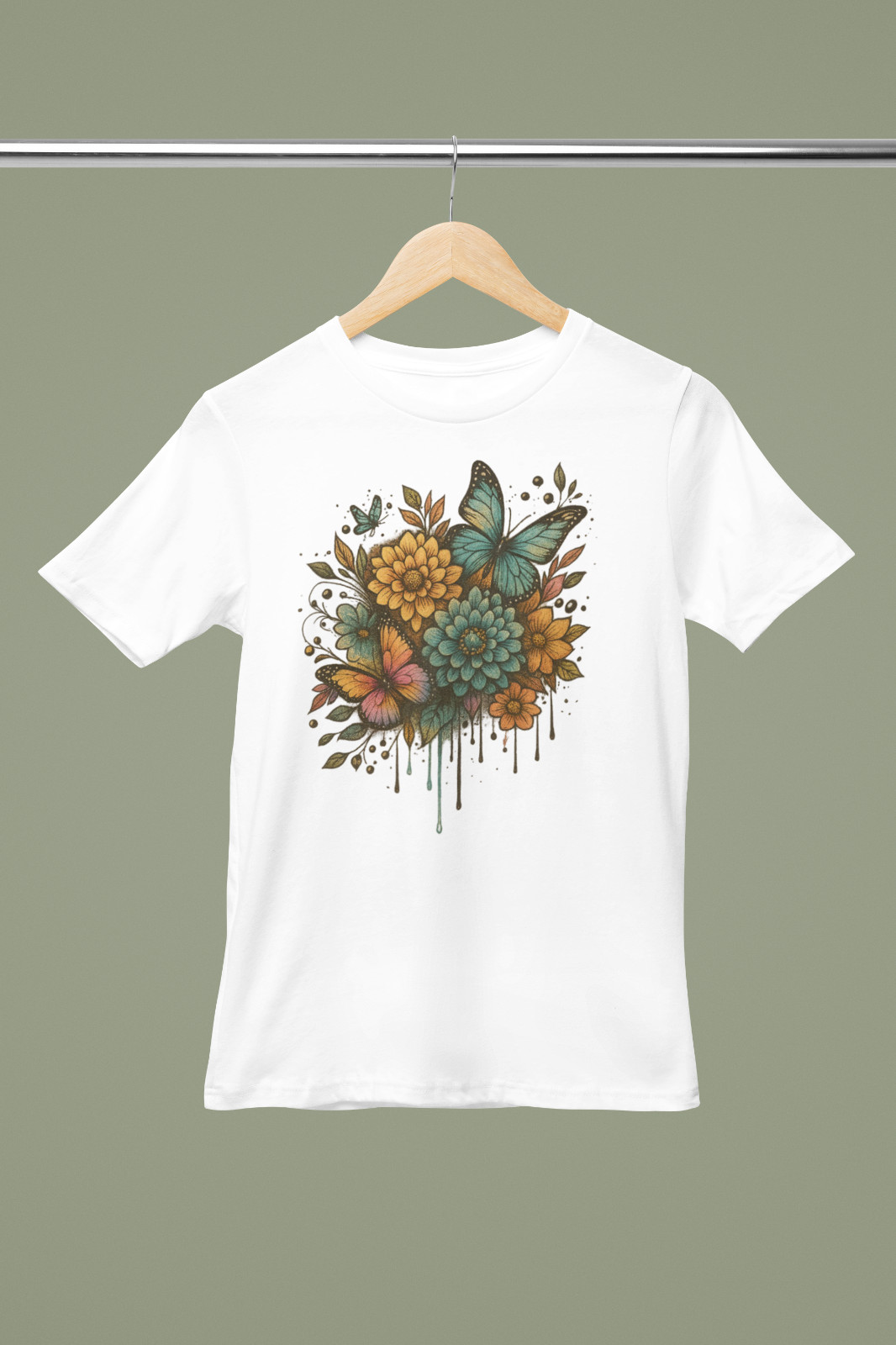 Boho Butterfly Floral Drip Art Graphic Tee Vintage Garden Nature T-Shirt A109