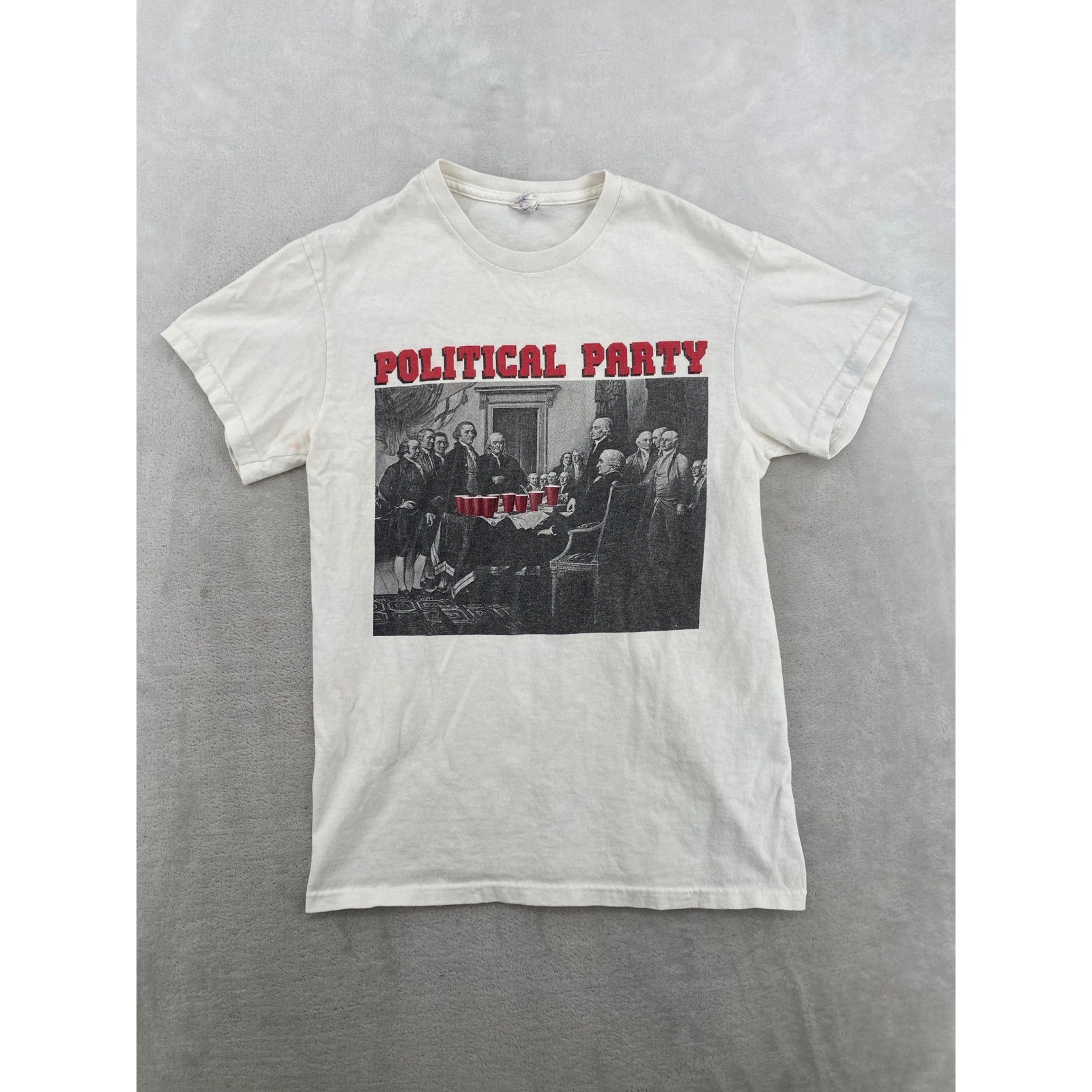 Delta Pro Weight Political Party Shirt Small Cream Beer Pong Founding Fathers