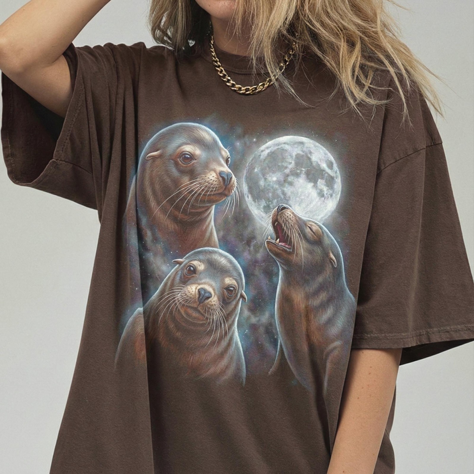 Three Sea Lion Moon Shirt, Seal Lover Gift, Vintage Sea Puppy Meme T-Shirt