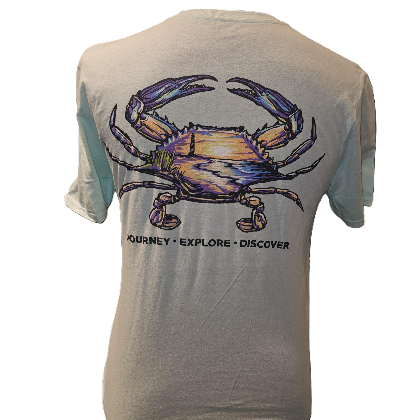 New JEDCO Blue T SHIRT with a Crab lighthouse beach scene