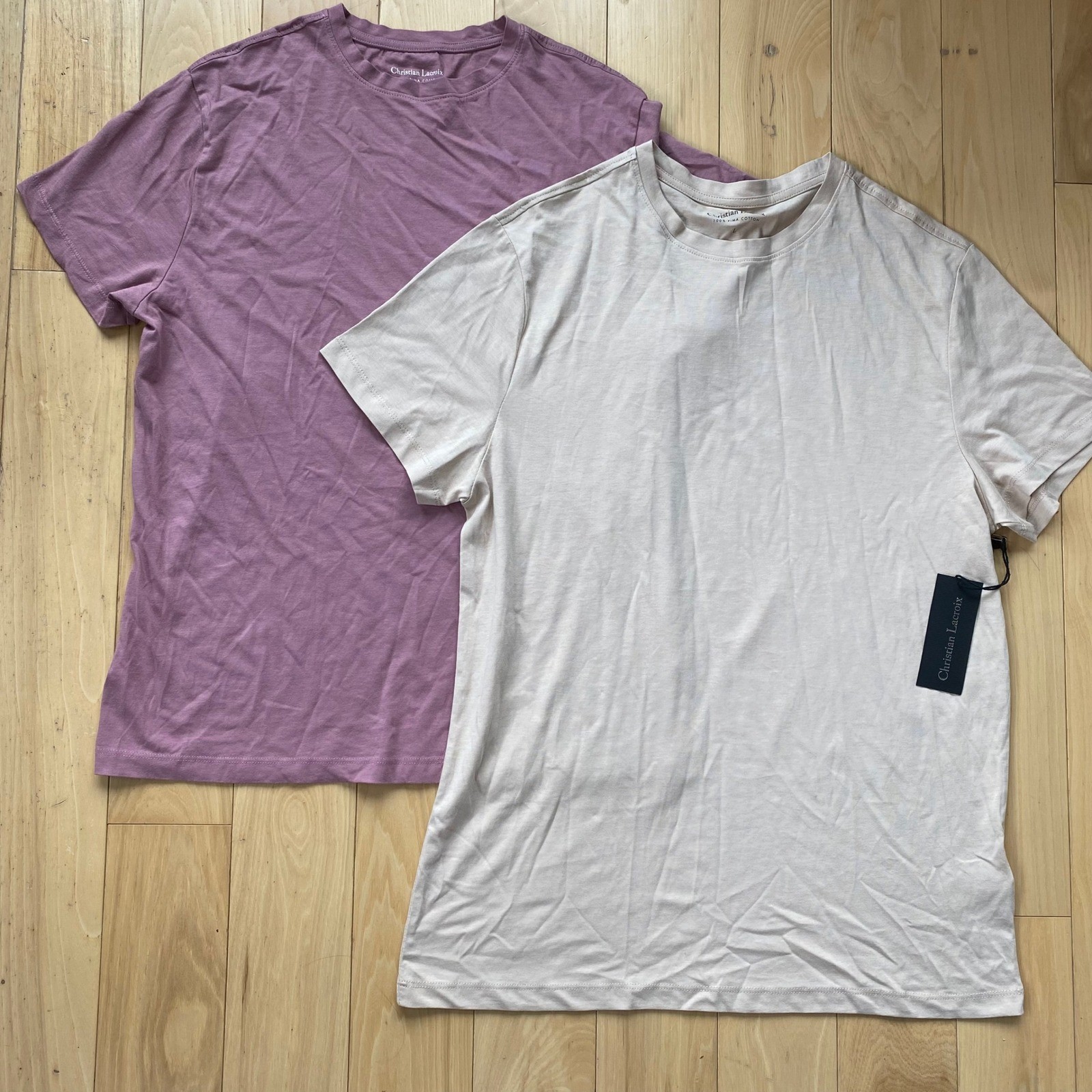 Christian Lacroix 100 Pima Cotton USA Grown Tan & Mauve Tee Set 2pk Organic – L