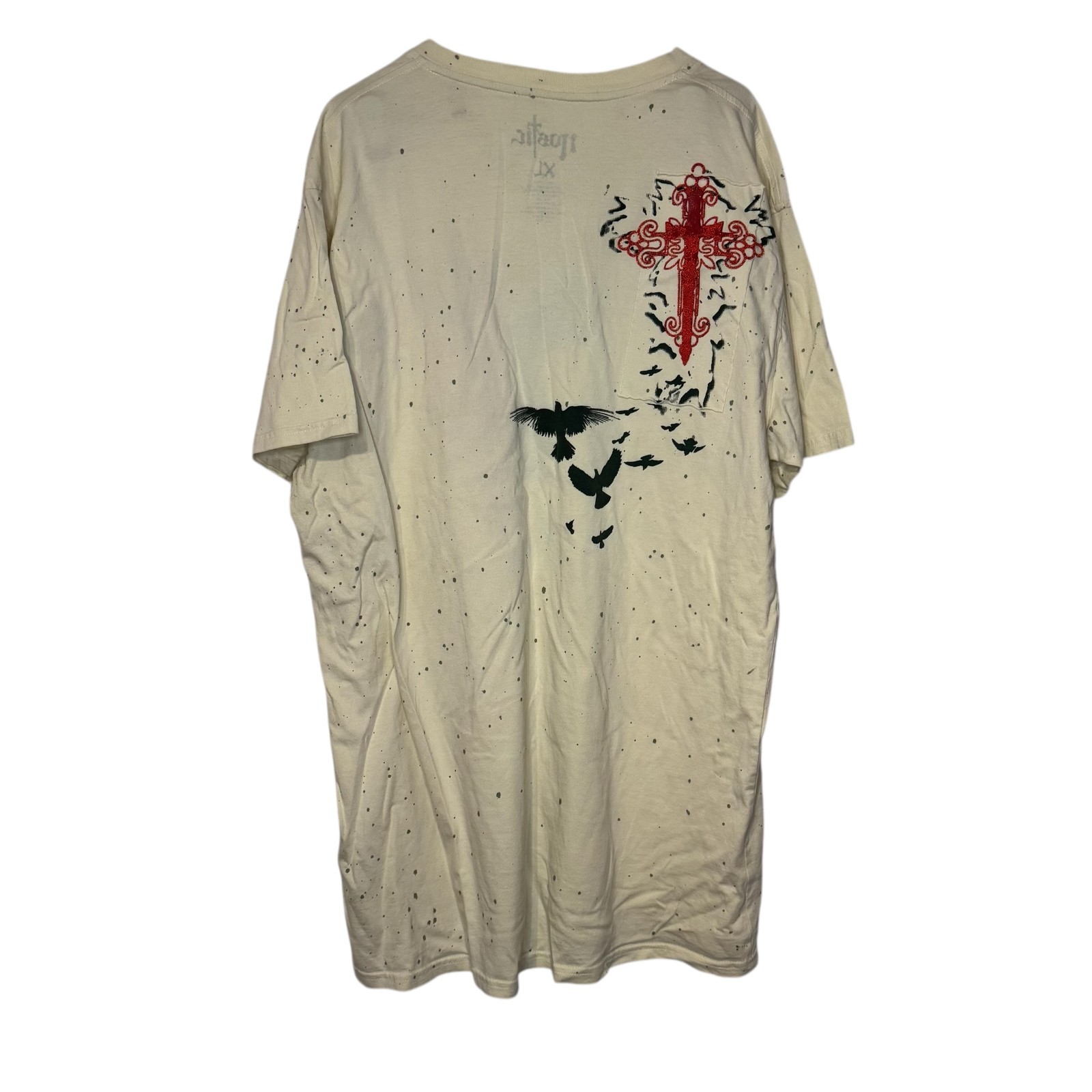 Nostic Men’s T-Shirt Paint Splatter Beaded V-Neck Short Sleeve Cotton Beige XL