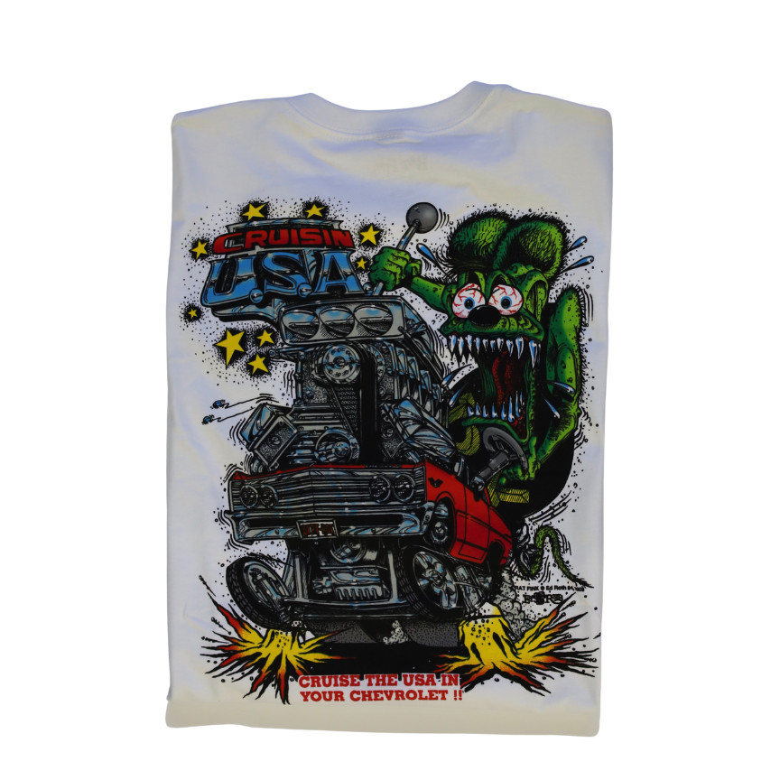 Men’s Ed Big Daddy Roth Rat Fink Chevy Cruisin USA White Cotton T-Shirt M-3XL