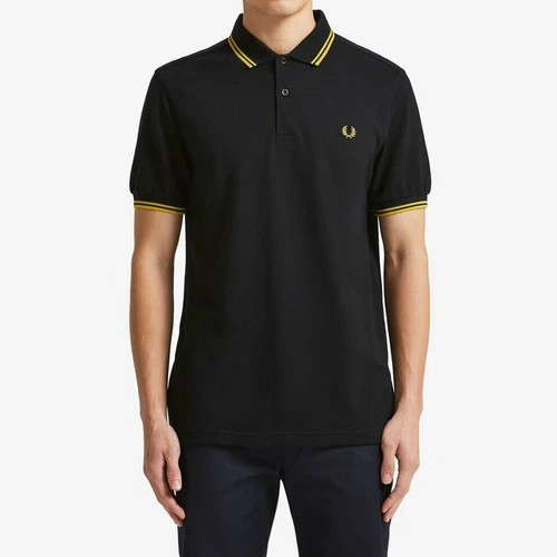Fred Perry Polo Shirt Black Yellow S M L XL XXL M3600 Slim Fit Pique Twin tipped