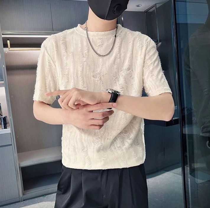 Mens Distressed Textured Short Sleeve T-Shirt Trendy Ripped Summer Crew Neck Tee