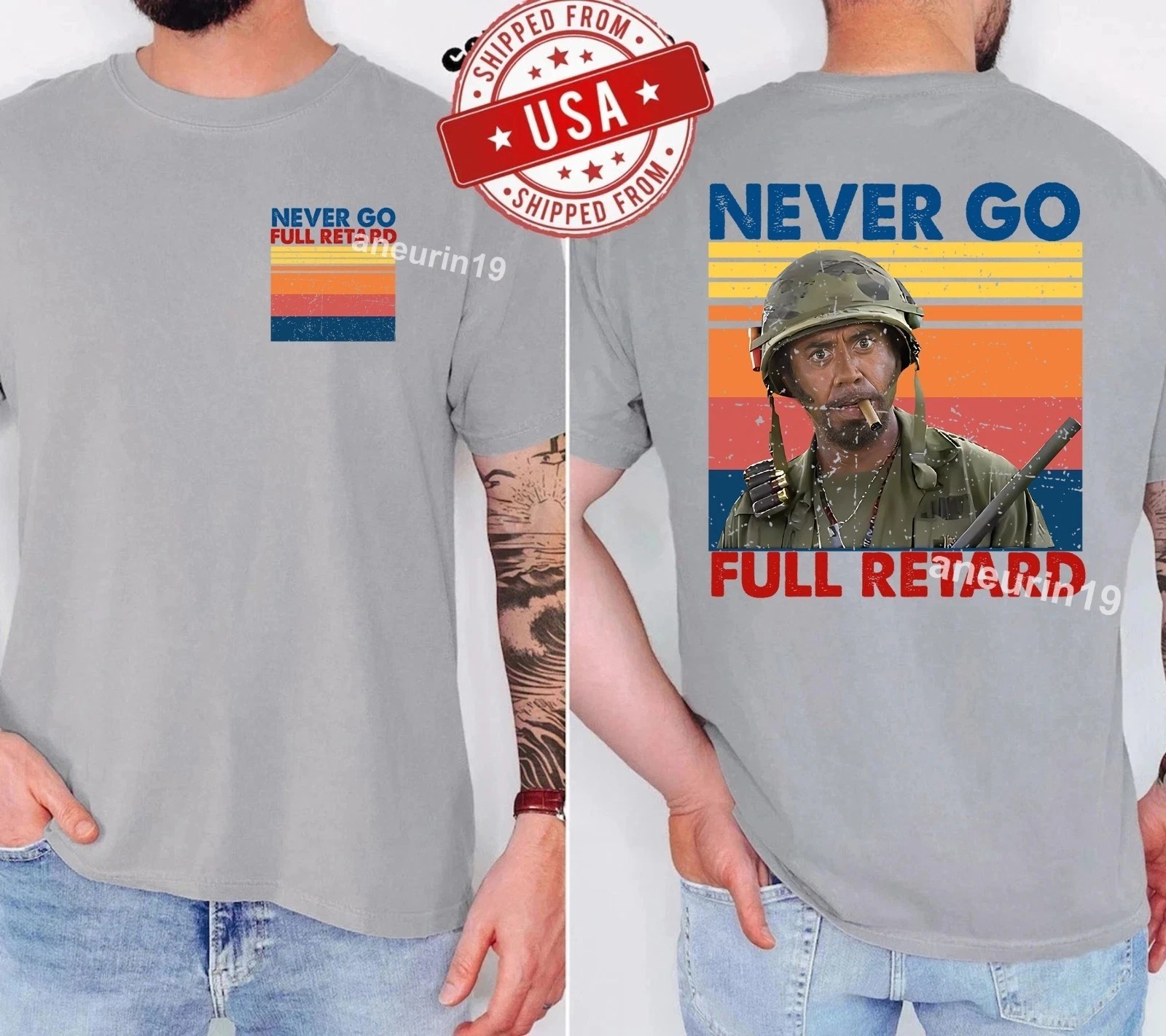 2025 Tropic Thunder Meme T-Shirt Never Go Full Retro Tee Multicolor