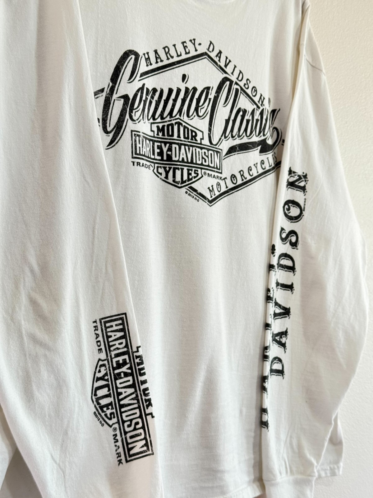 Harley Davidson Oakland CA Long Sleeve Shirt Mens XL White Spell Out Sleeve Bike