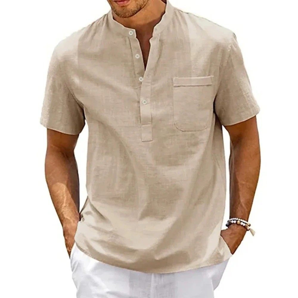 Men’s Cotton Linen Henley Shirt Casual Short Sleeve Beach Summer Top with Pocket